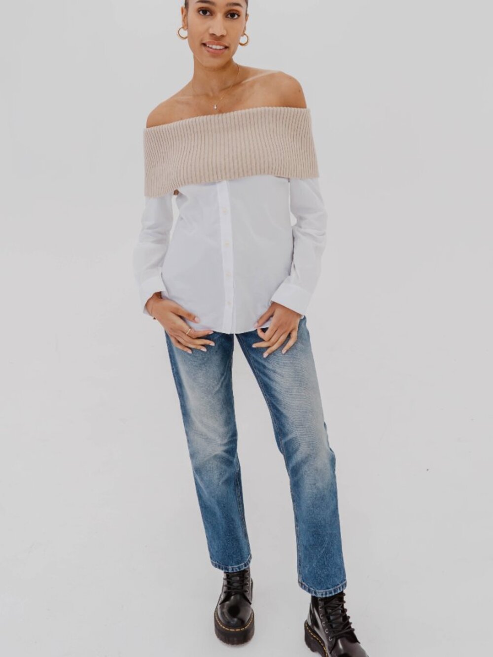 NWT NAADAM MIX-MEDIA CASHMERE RIBBED KNIT OFF THE SHOULDER BUTTON DOWN SHIRT - S